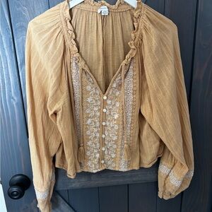 American Eagle Outfitters Mustard Embroidered Blouse